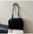 Minimalist black suede tote bag with round metal buckle and slim shoulder straps - Black without Pendant