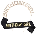 Birthday Girl Party-Set mit goldenem Kristall-Haarreif und schwarzer Satin-Schärpe - Einheitsgröße / Gold
