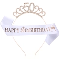 Rose gold 50th birthday crown tiara with happy birthday white satin sash set - 50th Birthday Tiara And Sash (Rose Gold)