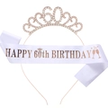 60th birthday set with rose gold rhinestone crown and white happy birthday sash - 60th Birthday Tiara And Sash (Rose Gold)