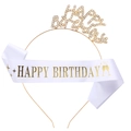 Glittery gold Happy Birthday headband and white satin sash set for birthday celebrations - One Size / White Gold Happy Birthday Satin Sash (White And Gold)