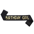 Écharpe élégante en satin noir Birthday Girl avec lettrage doré pour fête d'anniversaire - Taille unique / Noir avec texte doré