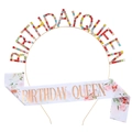 Birthday Queen set with multi-color rhinestone tiara and floral satin sash for party - One Size / Colorful
