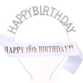 18th Birthday Set with Rhinestone Happy Birthday Headband and Rose Gold Satin Sash - White 18th
