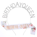 Birthday Queen set with sparkling rhinestone tiara and floral print satin sash for party - One Size / Silver