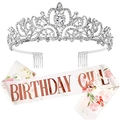 Set per compleanno con corona di strass argentati e fascia floreale rosa - Set Argento Floreale Birthday Girl