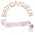 Birthday Queen set featuring rose gold rhinestone crown and floral satin sash accessory - One Size / Champagne