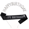 Birthday set with silver rhinestone Happy Birthday headband and black satin sash - Silver HAPPY BIRTHDAY