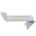 Banda de cumpleaños plateada brillante con texto Happy Birthday holográfico - Talla única / Silver Holographic Lettering