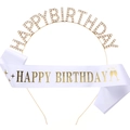 Golden rhinestone Happy Birthday headband and white satin sash set for party celebrations - Gold Text On White Sash