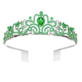 Silver bridal crown featuring emerald green crystals and teardrop gemstone on white background - Green