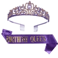 Birthday Queen set featuring a purple crystal crown and matching satin sash - Birthday Queen All Purple