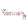 Weiße Satin-Schärpe Birthday Girl mit Blumendruck und rotgoldener Metallic-Schrift - Bedrucktes Bronzieren BIRTHDAY GIRL (JD019)