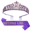 Purple birthday party set featuring sparkling crystal crown and satin sash with gold lettering - Birthday Girl Pure Purple