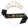 Gouden strass kroon tiara voor 21e verjaardag met zwarte satijnen sjerp feestartikelen - 21ste Verjaardag sjerp en hoofdband