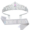 Silver crystal birthday crown and glitter sash with Birthday Queen text set for women - Birthday Queen Silver Iridescent