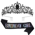 Birthday set with black rhinestone silver tiara and black glitter Birthday Girl sash - Birthday Girl Black Iridescent