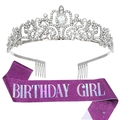 Birthday set with silver crystal crown and purple glitter sash for girls - Birthday Girl Silver/Purple Iridescent