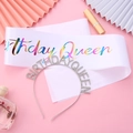Birthday Queen set with silver rhinestone headband and white satin sash with rainbow text - Silver Headband and Multi-color Sash (Crown Style)
