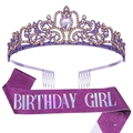 Purple crystal birthday crown and glitter sash with silver Birthday Girl text set - Birthday Girl Purple Iridescent