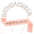 Tiara Birthday Queen in oro rosa con fascia in raso rosa e scritte in strass - Stile Raso Oro Rosa (Stile Uno)