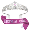 Silver crystal crown and purple glitter Birthday Girl sash set with safety pin - Birthday Girl Rose Madder Iridescent