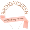 Cerchietto Birthday Queen oro rosa e fascia in raso rosa con strass scintillanti - Stile Raso Champagne (Stile Due)
