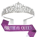 Silver crystal crown with purple Birthday Queen sash and safety pin for birthday girls - Birthday Queen Silver/Purple Iridescent