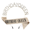 Set compleanno con corona di strass dorati e fascia glitterata con scritta Birthday Queen - Oro con testo nero