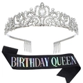 Birthday Queen set with silver crystal crown tiara and black glitter ribbon sash - Birthday Queen Silver/Black Iridescent