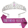 Silver crystal crown and purple glitter Birthday Queen sash set for birthday parties - Birthday Queen Rose Madder Iridescent