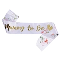 Écharpe en satin blanc Mummy to Be avec lettres dorées et motifs floraux roses - Style Doré (Mummy to be Gold)
