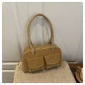 Elegante bolso Boston de ante amarillo mostaza con bolsillos dobles y asas largas - Caqui