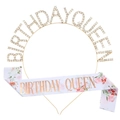 Sparkling gold Birthday Queen rhinestone tiara and floral print sash set for party - One Size / Gold
