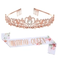 Set con tiara di cristallo oro rosa e fascia in raso bianco floreale per Birthday Queen - Set Oro Rosa Floreale Birthday Queen