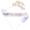 Rose gold 13th Birthday set with rhinestone headband and white satin sash with crown design - One Size / 13th Birthday Happy Birthday Sash And Tiara (Rose Gold And White)