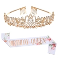 Birthday Queen set featuring a gold rhinestone heart crown and floral satin sash - Floral Birthday Queen Gold Set