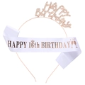 Rose gold Happy Birthday rhinestone headband and white 16th birthday satin sash set - One Size / 16th Birthday Happy Birthday Sash And Tiara (Rose Gold And White)