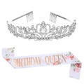 Silver crystal crown and white satin Birthday Queen sash set with floral prints - Floral Birthday Queen Silver Set