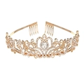Golden crystal tiara for women with clear rhinestones and integrated hair combs - Gold Crown