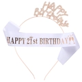 21st Birthday set with rose gold rhinestone crown and white satin sash with gold lettering - One Size / 21st Birthday Happy Birthday Sash And Tiara (Rose Gold And White)
