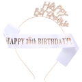 Rose gold 30th birthday set with rhinestone headband and white satin sash with gold foil - One Size / 30th Birthday Happy Birthday Sash And Tiara (Rose Gold And White)