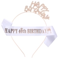 Rose gold 40th birthday tiara and white satin sash set with sparkly rhinestones - One Size / 40th Birthday Happy Birthday Sash And Tiara (Rose Gold And White)