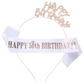 Rose gold Happy Birthday headband and 50th birthday white satin sash set for parties - One Size / 50th Birthday Happy Birthday Sash And Tiara (Rose Gold And White)