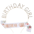 Set zum Geburtstag mit goldenem Strass-Haarreif und weißer Schärpe mit Blumendekor - Birthday Girl Haarreif Und Schärpe (FG084+JD019) / Gold