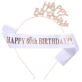 Rose gold 60th birthday set with rhinestone headband and white satin sash - One Size / 60th Birthday Happy Birthday Sash And Tiara (Rose Gold And White)