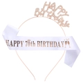 Rose gold 70th Birthday headband with rhinestones and white satin sash set - One Size / 70th Birthday Happy Birthday Sash And Tiara (Rose Gold And White)