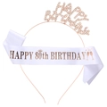 Rose gold 80th birthday set including rhinestone crown headband and printed white sash - One Size / 80th Birthday Happy Birthday Sash And Tiara (Rose Gold And White)