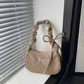 Khaki Cord-Schultertasche mit gerafftem Griff und gesticktem Schleifenmuster - Khaki