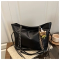 Large black suede tote bag with gold chain strap and cute bear pendant charm - With Pendant / Black / Large